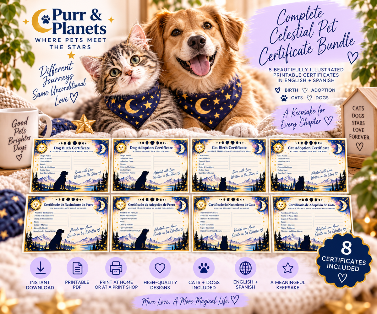 Complete Celestial Pet Certificate Bundle | 8 Printables | English + Spanish