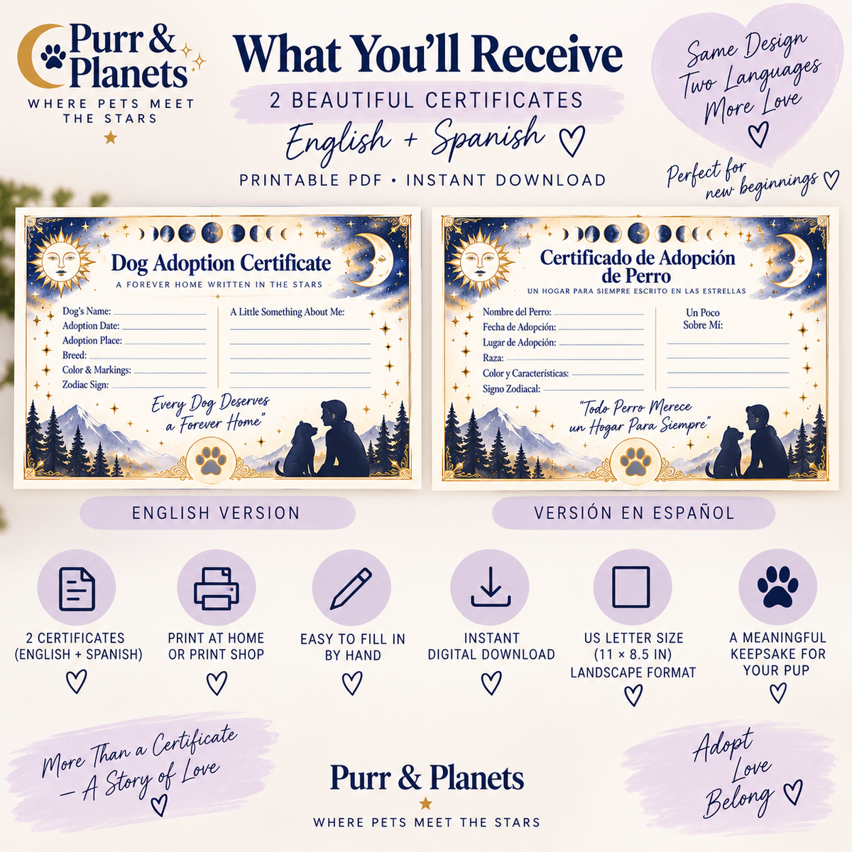 Celestial Dog Adoption Certificate | Printable | English + Spanish