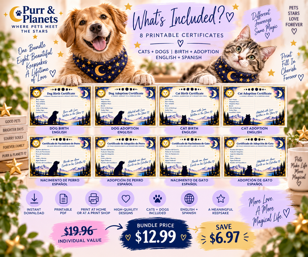 Complete Celestial Pet Certificate Bundle | 8 Printables | English + Spanish