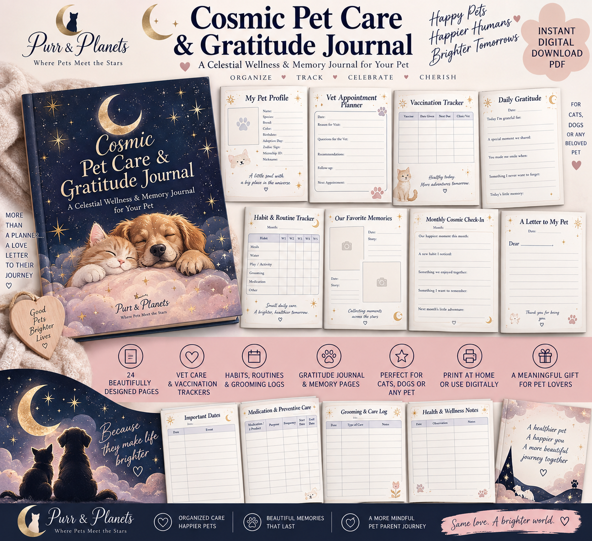 Cosmic Pet Care & Gratitude Journal | 24-Page Printable Pet Planner & Memory Keeper | Digital Download